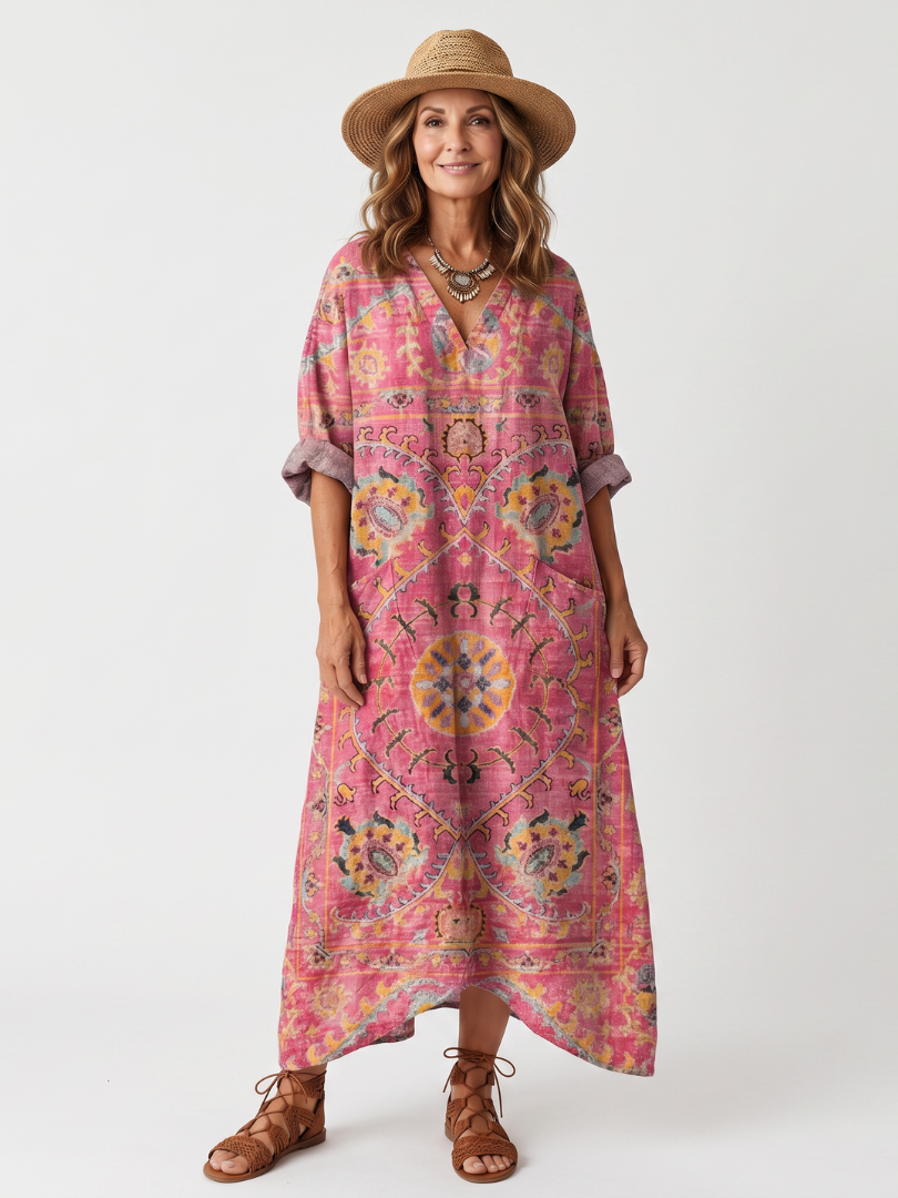 Newtown Abstract Print Pocket Midi Dress in Pink