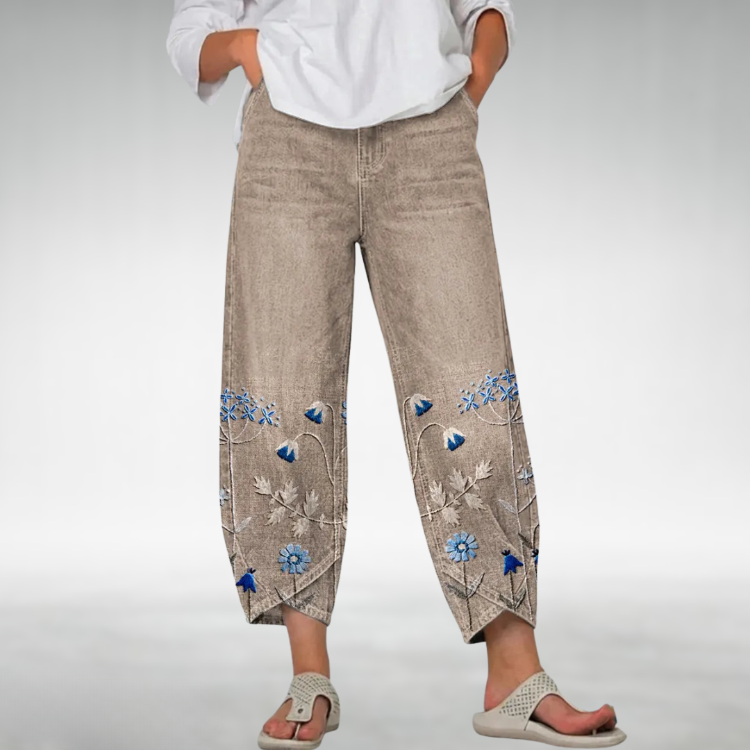 Lilyfield Floral-Hem Pants in Khaki