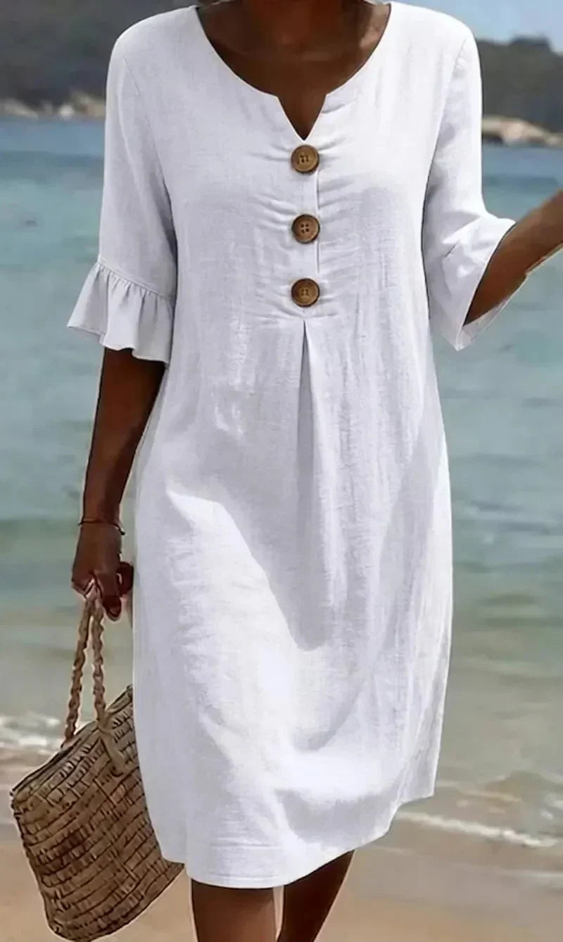 Avalon Flutter-Sleeve Shift Dress in White