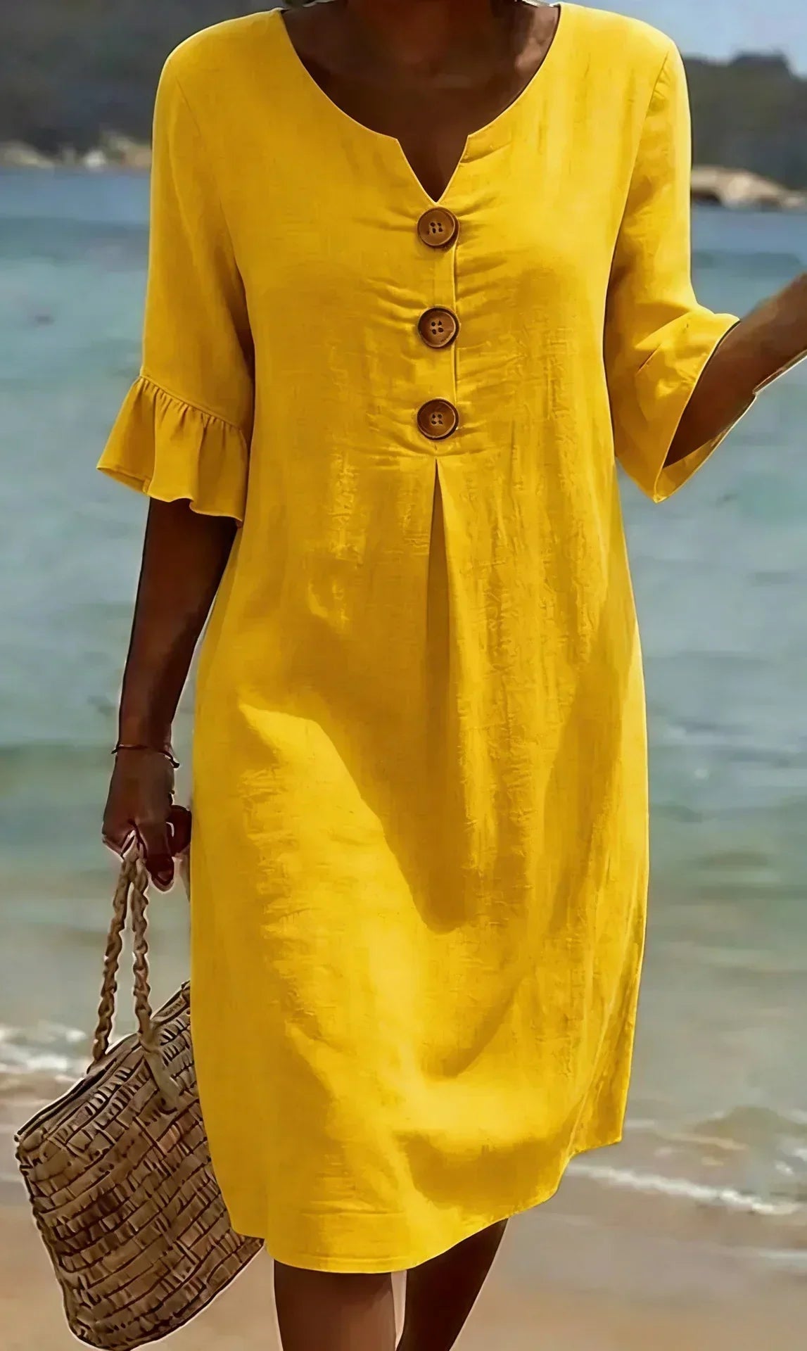 Avalon Flutter-Sleeve Shift Dress in Yellow