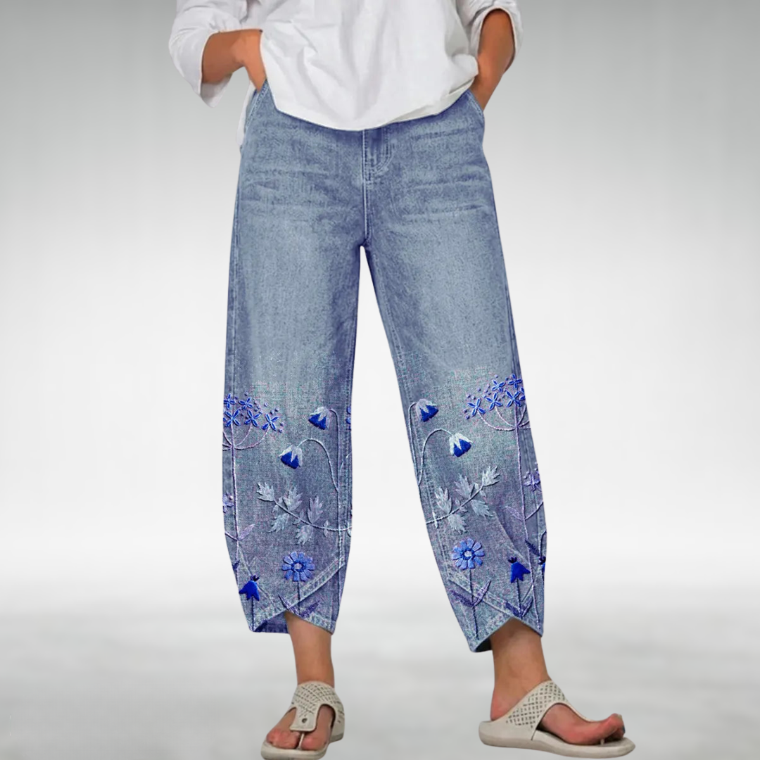 Lilyfield Floral-Hem Pants in Blue