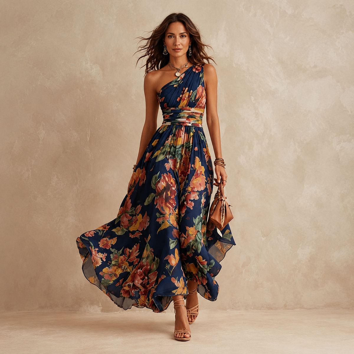 Point Piper One-Shoulder Floral Maxi in Navy