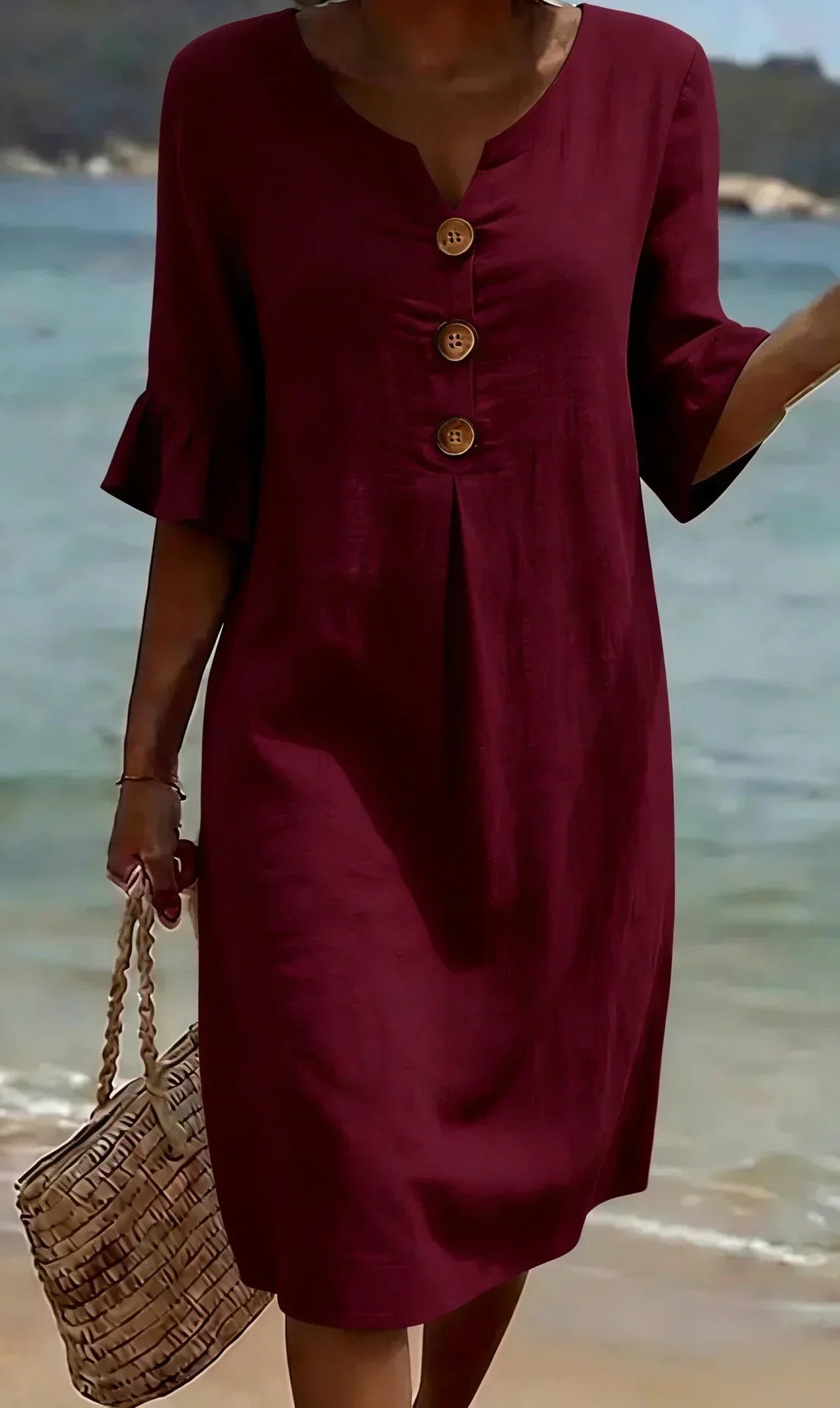 Avalon Flutter-Sleeve Shift Dress in Burgundy