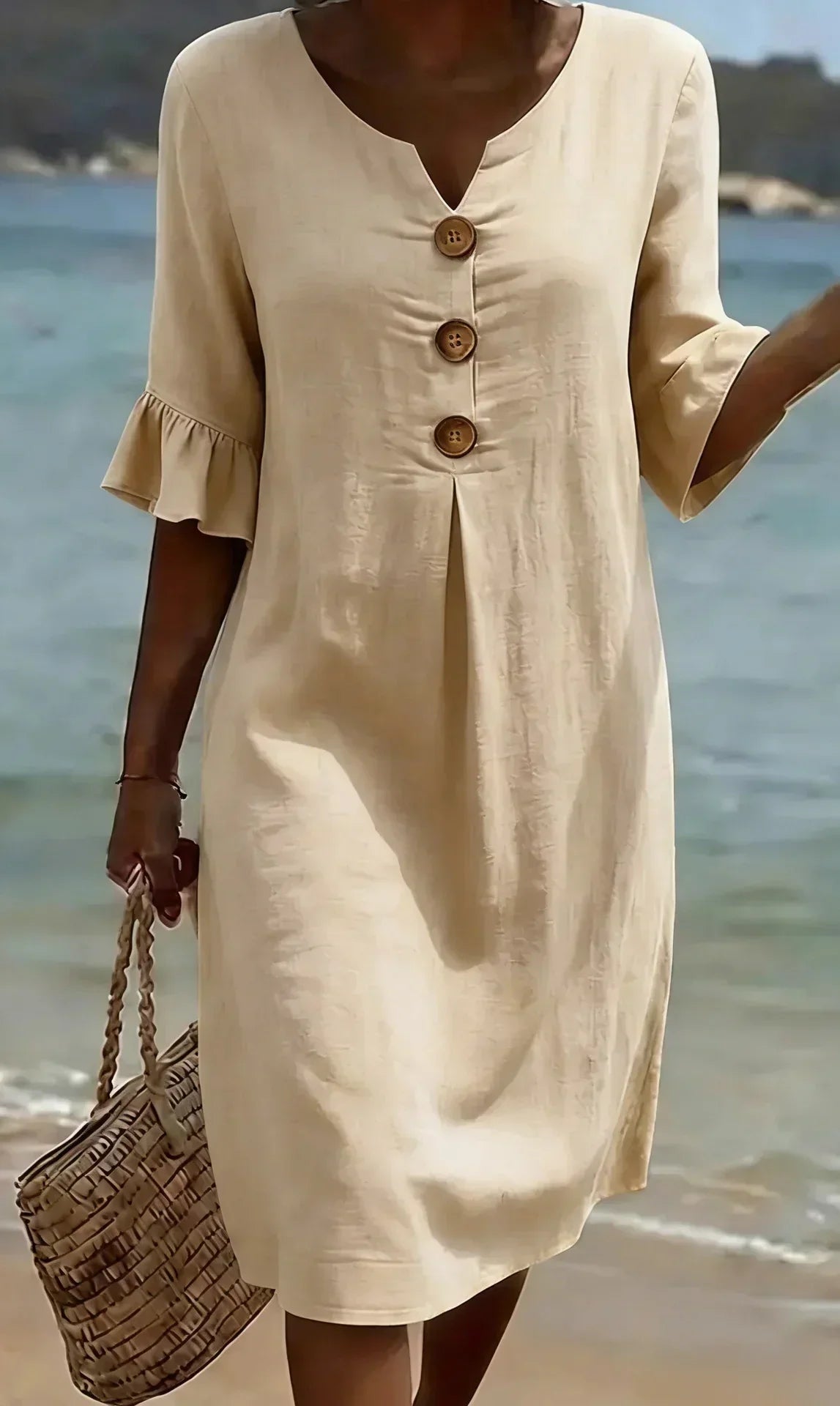 Avalon Flutter-Sleeve Shift Dress in Beige