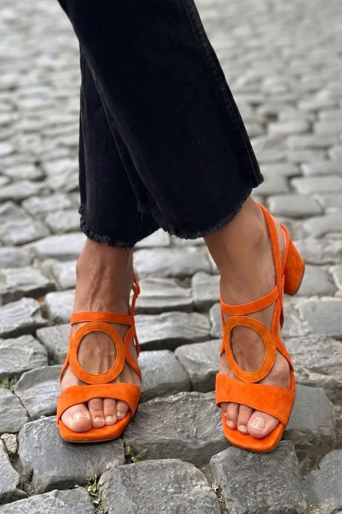 Bronte Circle-Strap Heels in Orange