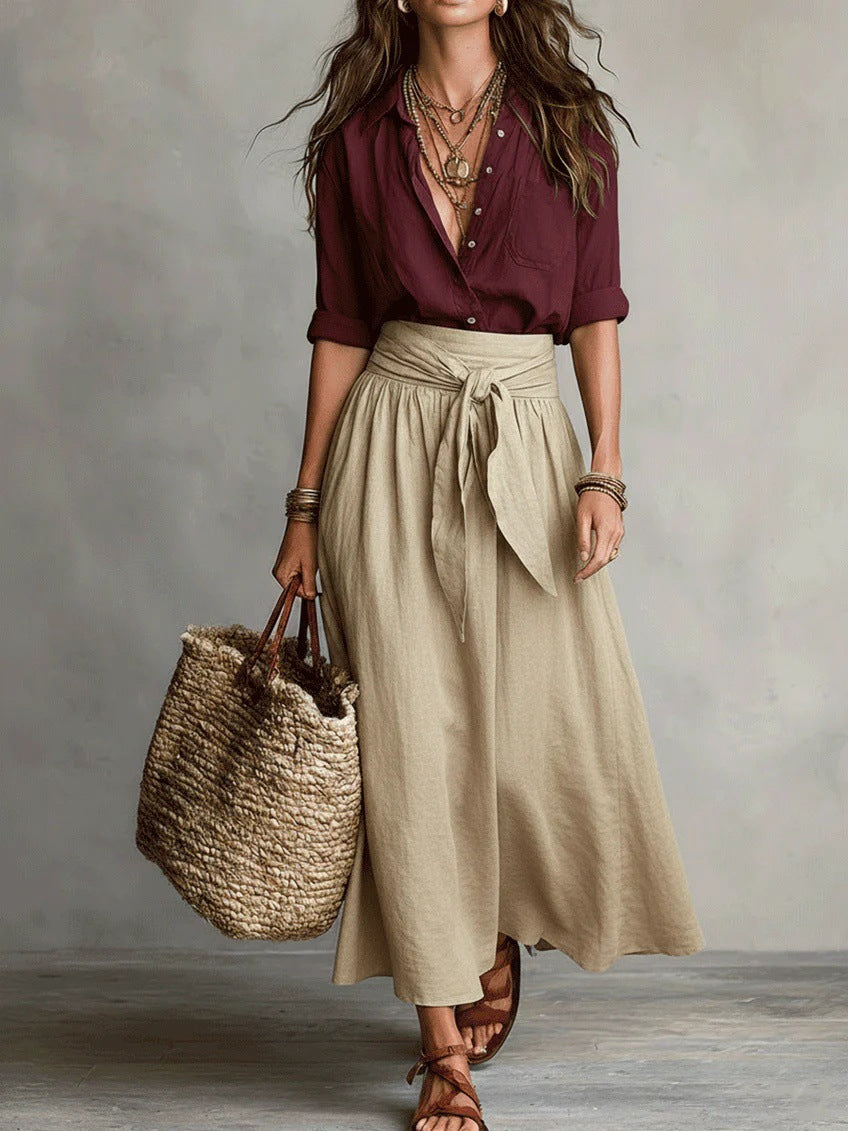 Barangaroo Shirt & Tie-Waist Skirt Set in Red