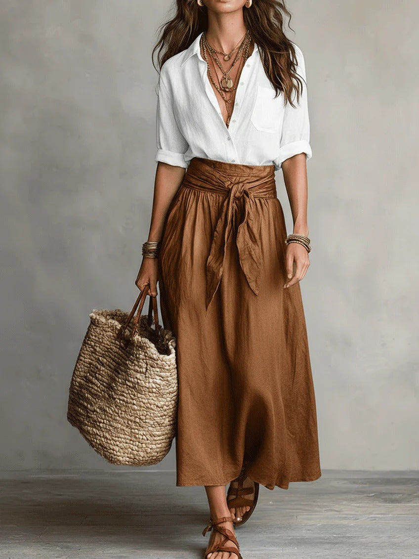 Barangaroo Shirt & Tie-Waist Skirt Set in Brown