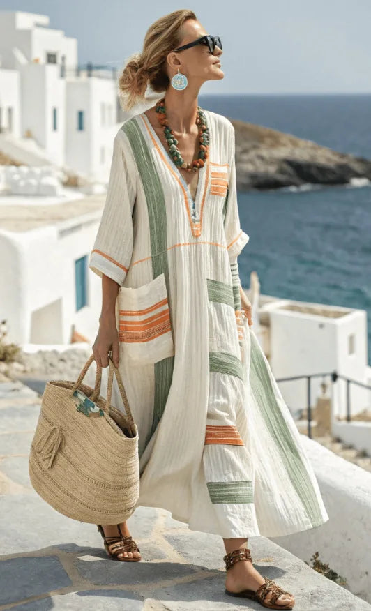 Clareville Striped Kaftan Maxi Dress in Green
