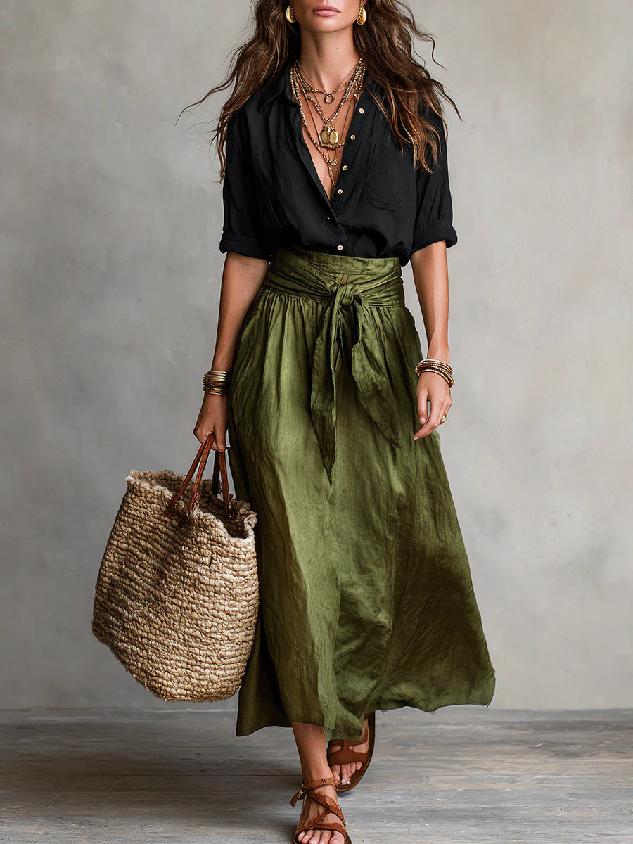 Barangaroo Shirt & Tie-Waist Skirt Set in Black & Olive