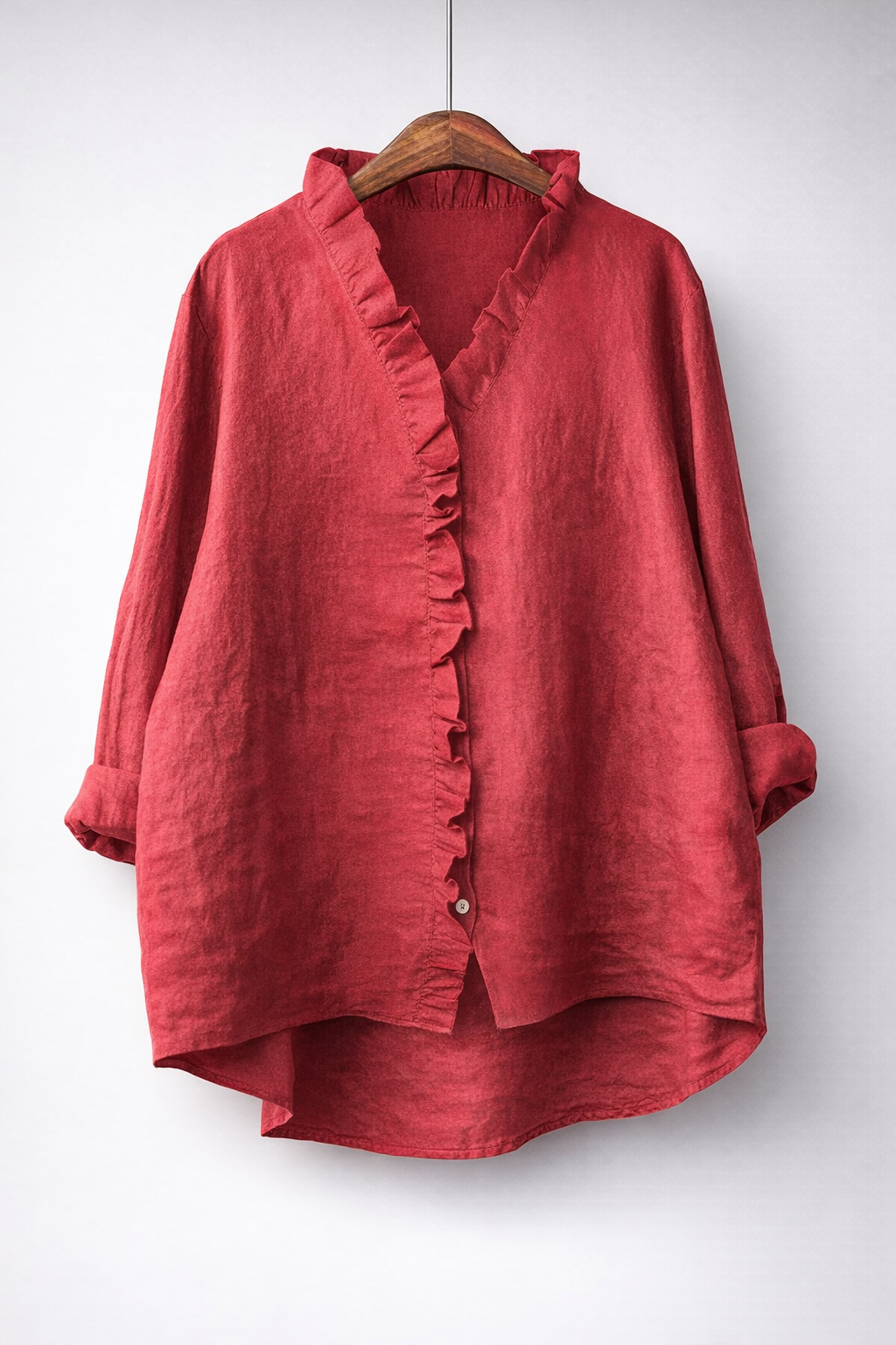 Cremorne Ruffle-Neck Linen-Blend Shirt in Red