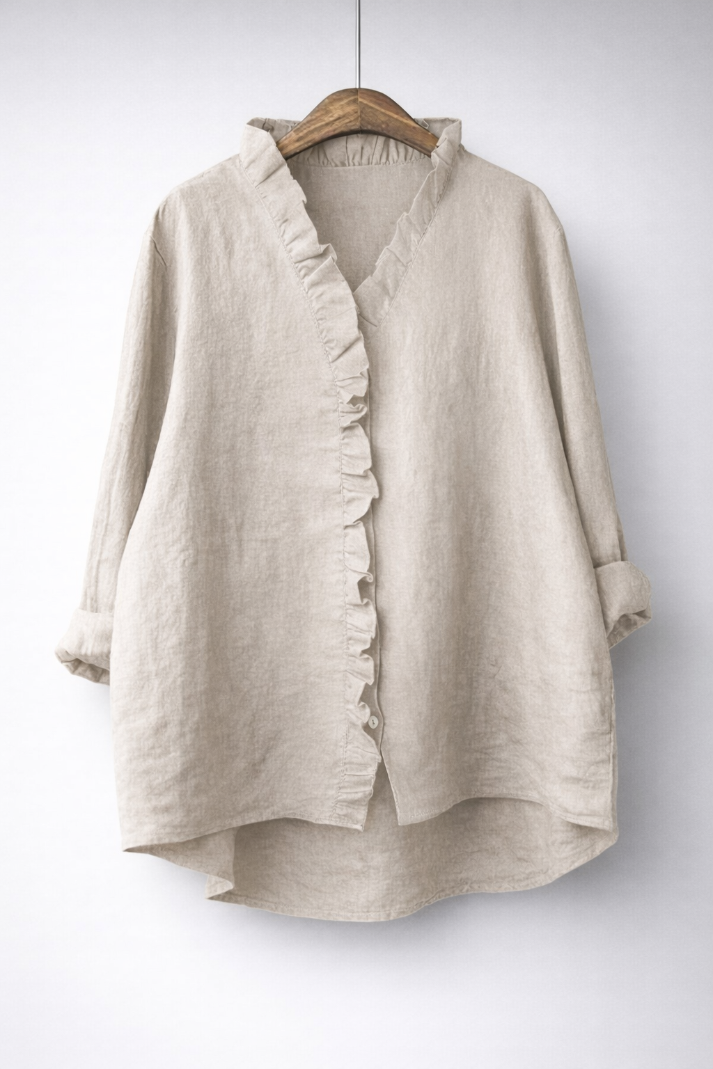 Cremorne Ruffle-Neck Linen-Blend Shirt in Beige