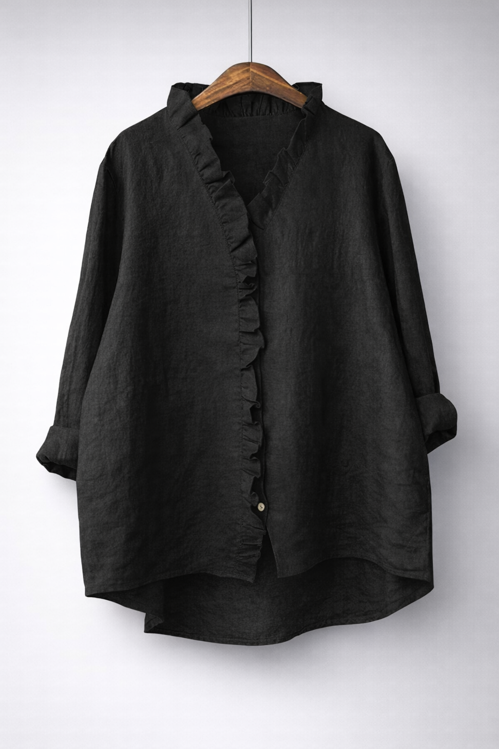 Cremorne Ruffle-Neck Linen-Blend Shirt in Black