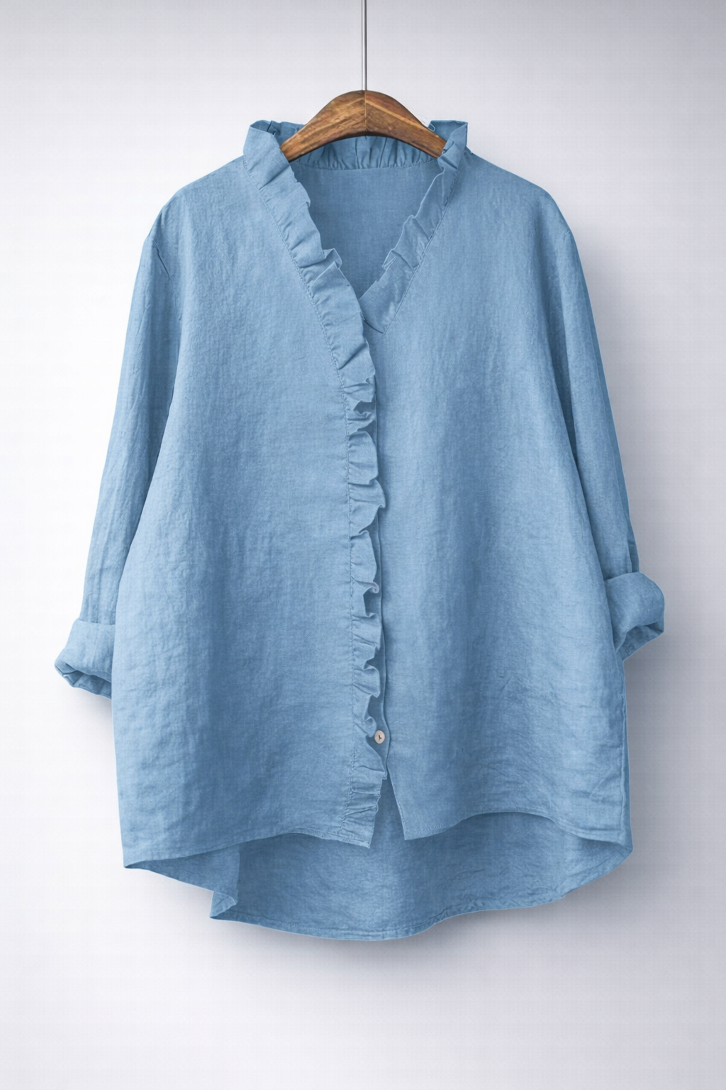 Cremorne Ruffle-Neck Linen-Blend Shirt in Blue