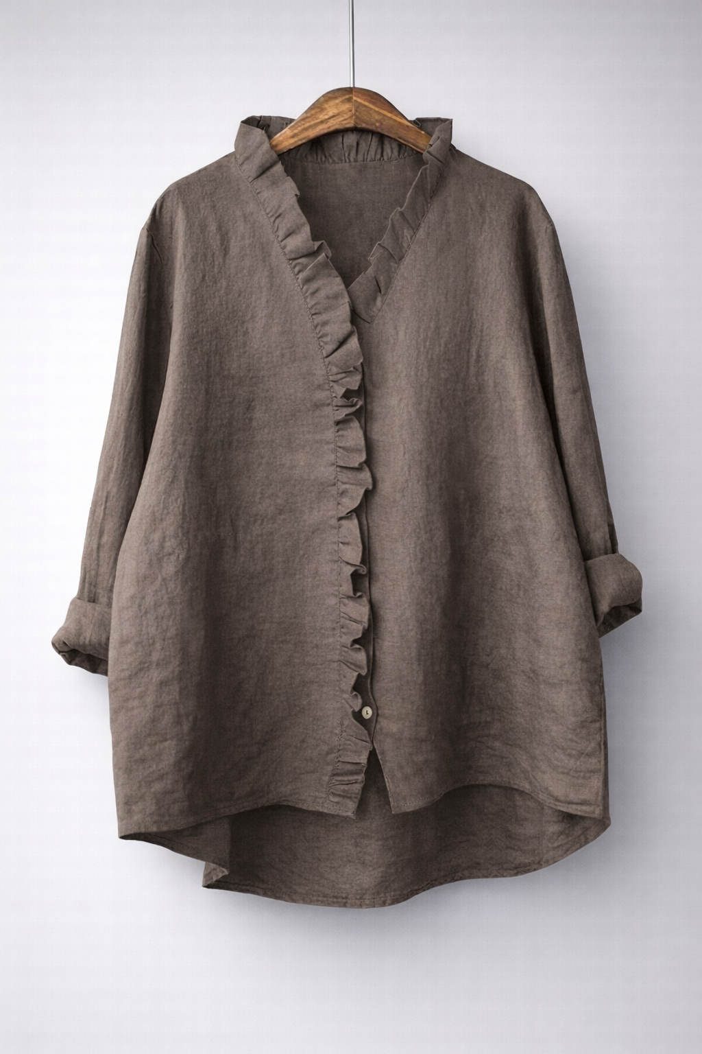 Cremorne Ruffle-Neck Linen-Blend Shirt in Taupe
