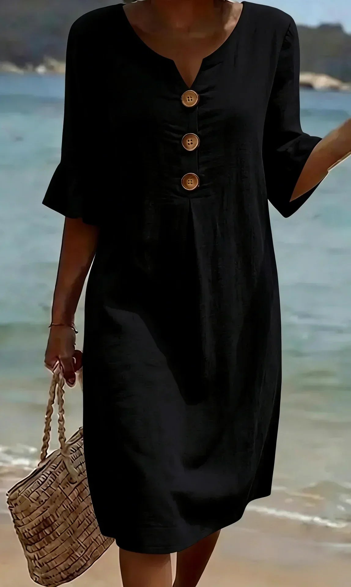 Avalon Flutter-Sleeve Shift Dress in Black