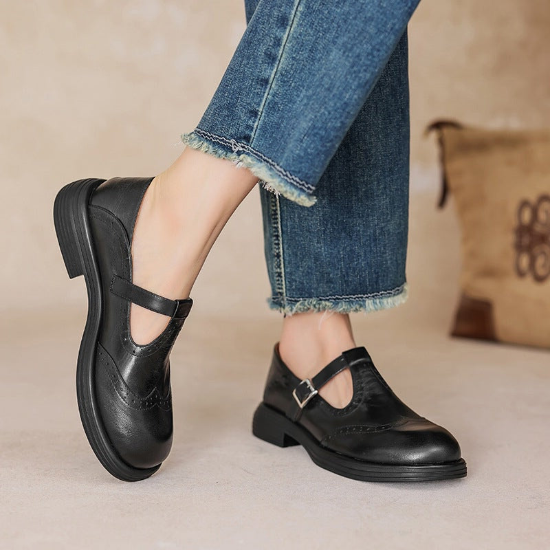 Balmain T-Strap Brogue Flats in Black