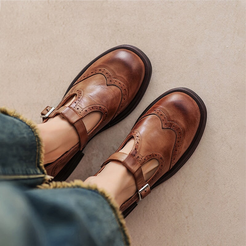 Balmain T-Strap Brogue Flats in Brown
