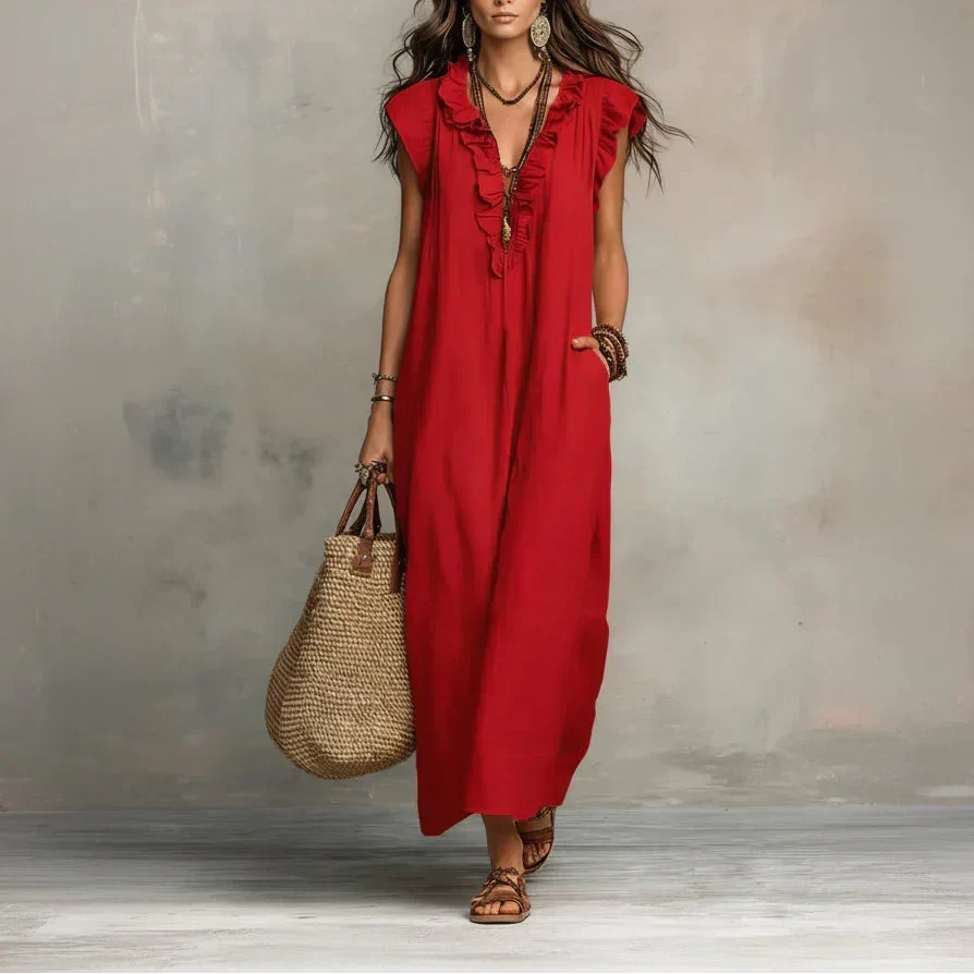 Whale Beach Ruffle Maxi Dress in Red